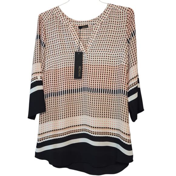 Renuar NWT Tunic Blouse, V-neck Three Quarter Sleeves Pink & Black sz Medium - Picture 1 of 12